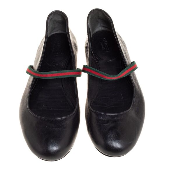 Gucci Black Leather Web Ballet Flats Size 36 - Picture 3 of 4